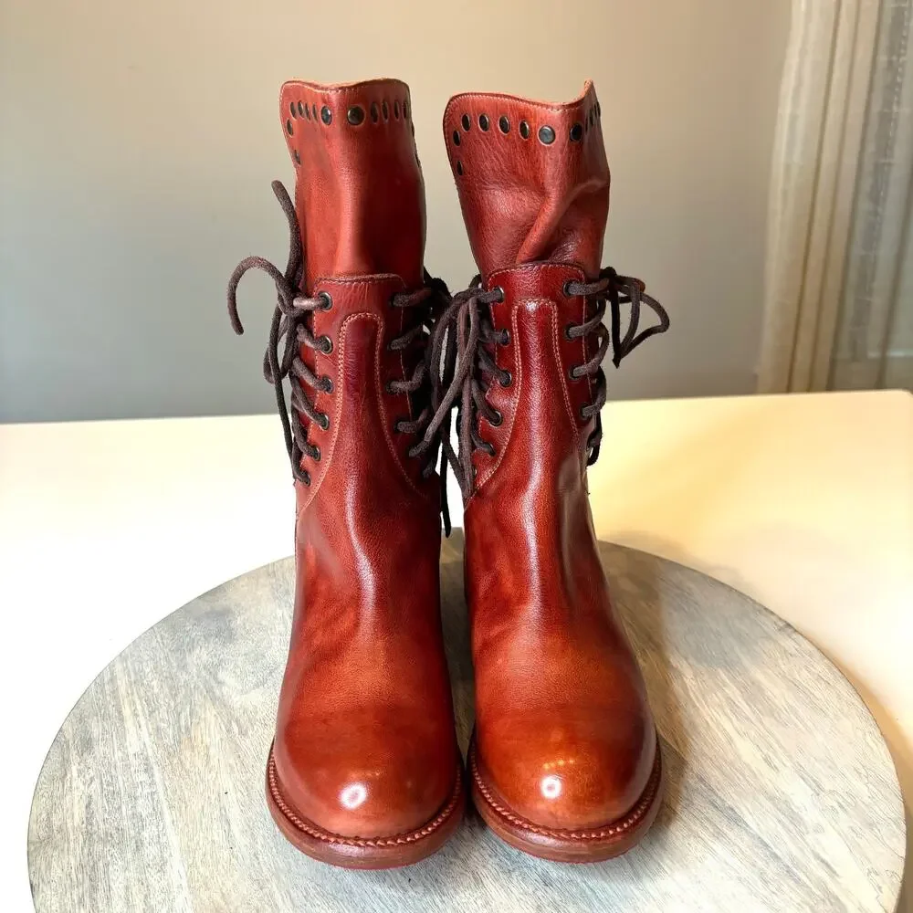 BED STU Fen Women's Leather Lace Up Combat Boots Studded Cognac Brown US 7 NWT